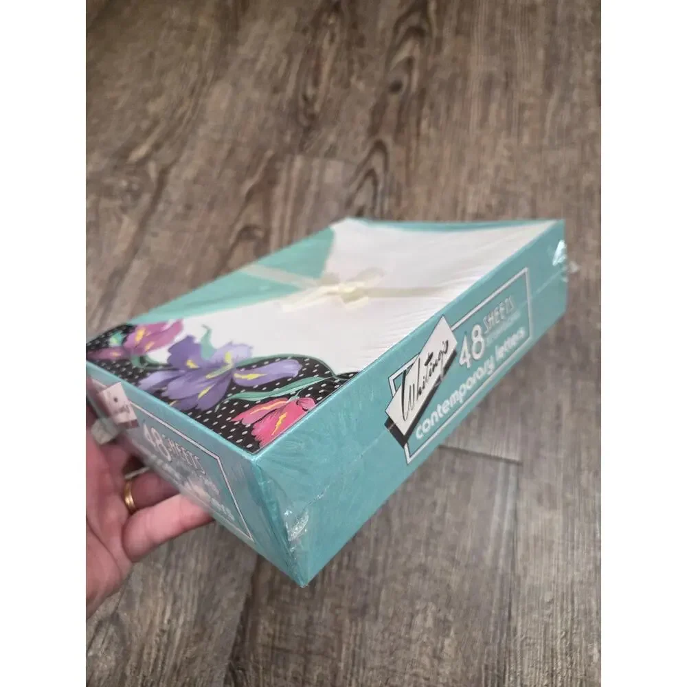 Whitings Stationery Box Vintage NEW SEALED Black Iris Purple Pink Teal Paper